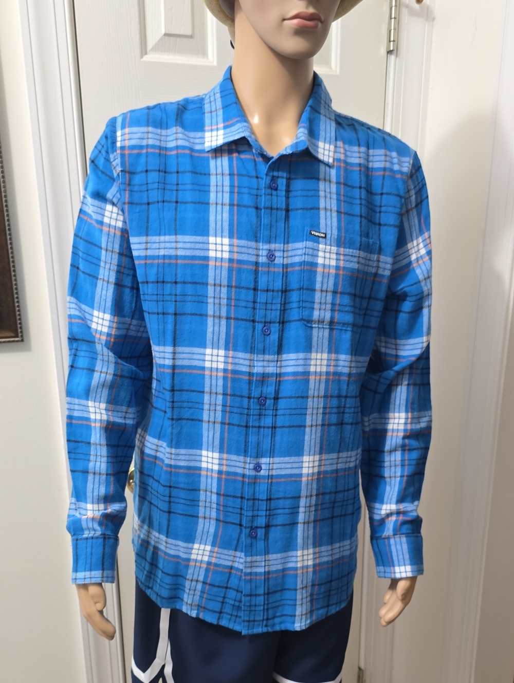 VISION STREET WEAR BRAND MEN'S BLUE PLAID FRONT BUTTON FLANNEL SHIRT SIZE XL